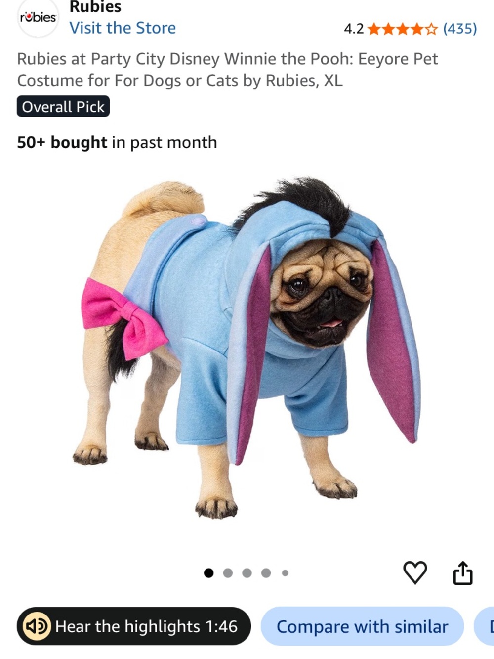 Rubies Disney Winnie the Pooh Eeyore Pet Costume Dog Cat Small Complete Like New